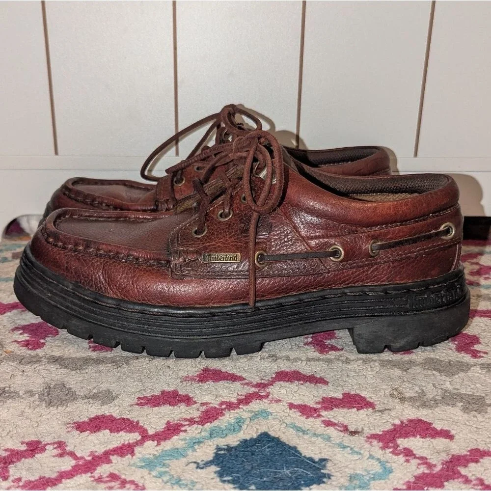 Timberland Y2K Men's Size 8.5 Three Hook‎ Cherry Brown Leather Boat Shoes Preppy